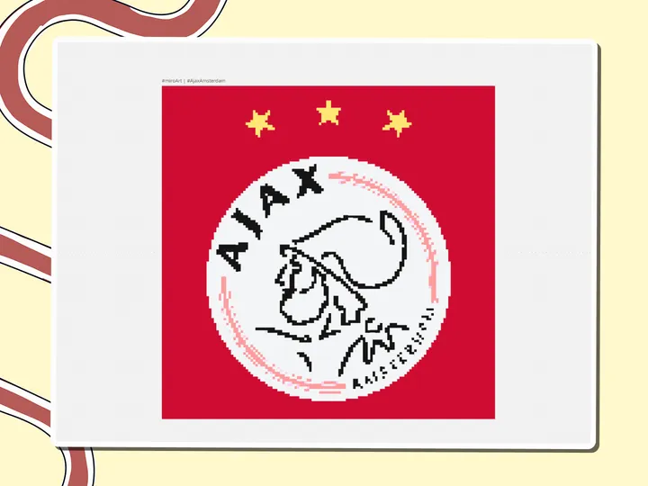 Pixel-art Ajax Amsterdam club crest with three gold stars on red, a Miro board template by theFacilitainer