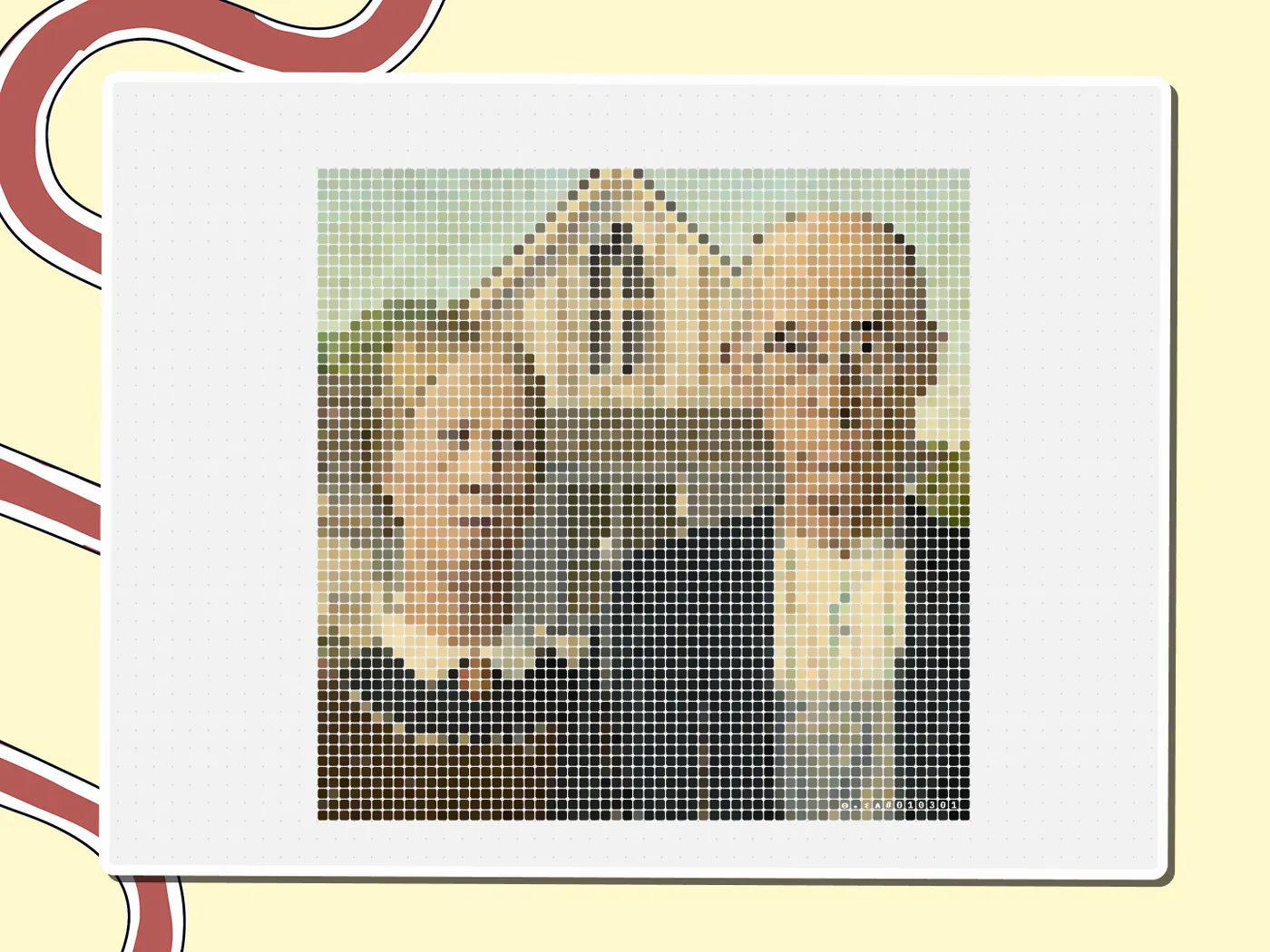 Pixel-art American Gothic painting made of colored squares, a Miro board template by theFacilitainer