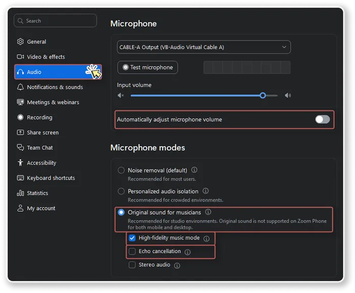 Zoom's Audio settings panel: an external microphone selected, input volume near 90%, automatic volume adjustment off, and Original Sound for Musicians with High-fidelity music mode on