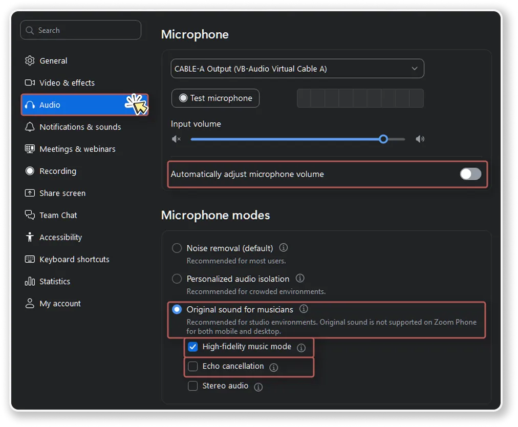 Zoom's Audio settings panel: an external microphone selected, input volume near 90%, automatic volume adjustment off, and Original Sound for Musicians with High-fidelity music mode on