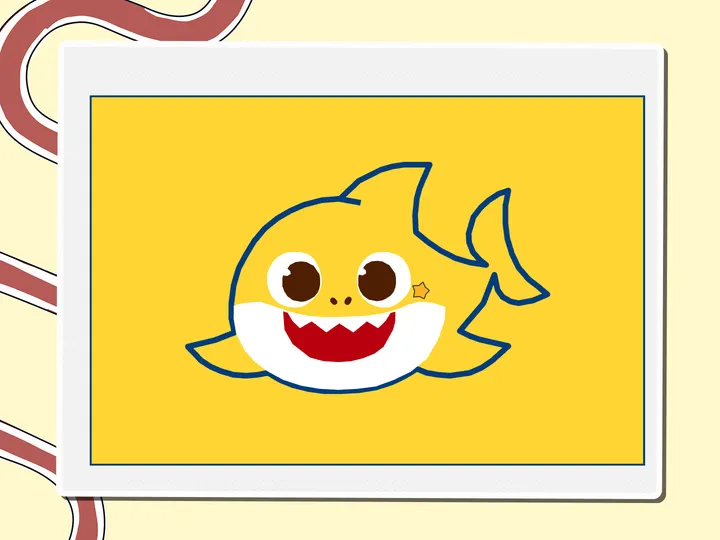 Smiling cartoon Baby Shark on a yellow background, a Miro board template by theFacilitainer
