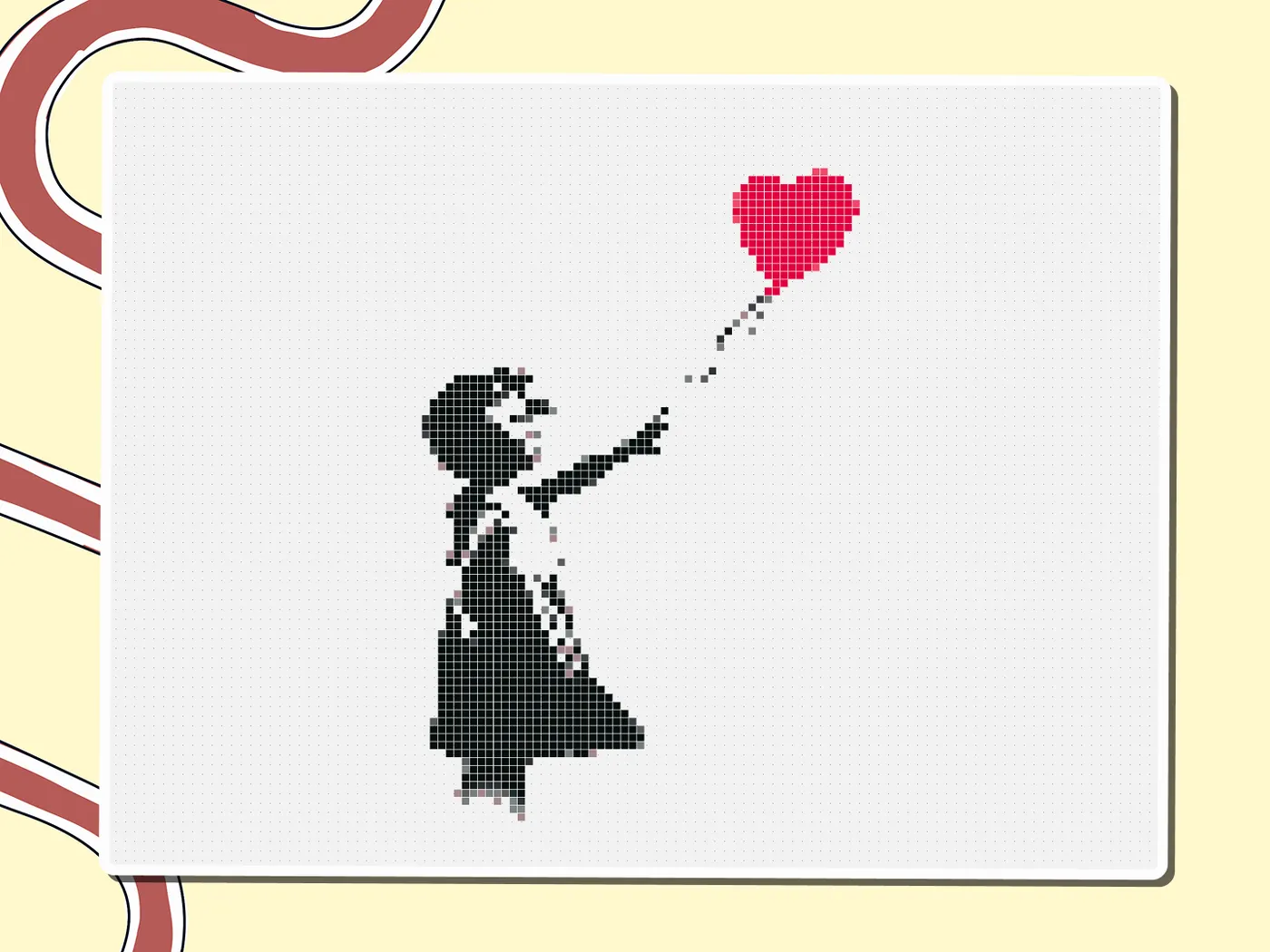 Pixel-art Banksy girl with a red heart balloon, a Miro board template by theFacilitainer