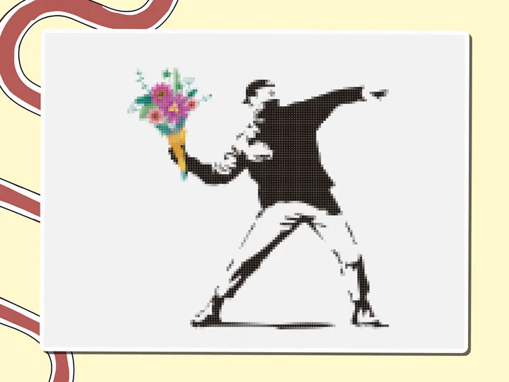 Pixel-art Banksy flower thrower, a Miro board template by theFacilitainer