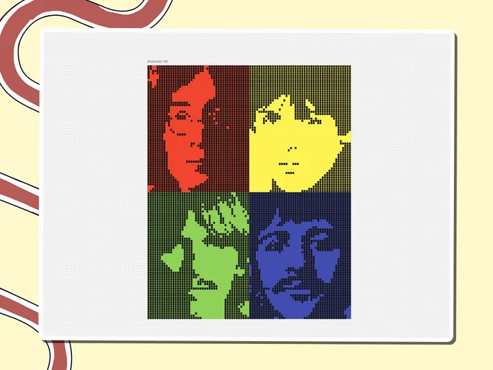 Pixel-art Beatles pop art in four colored panels, a Miro board template by theFacilitainer