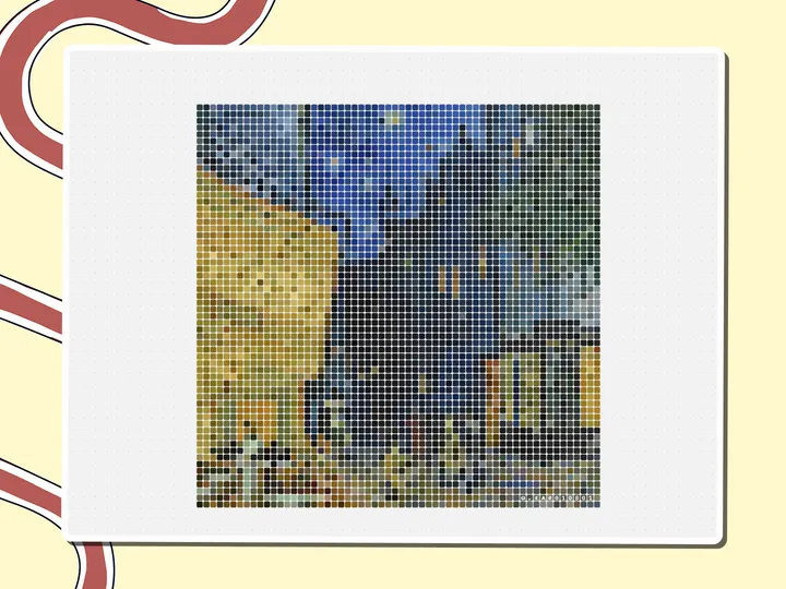 Pixel-art Café Terrace at Night painting made of colored squares, a Miro board template by theFacilitainer