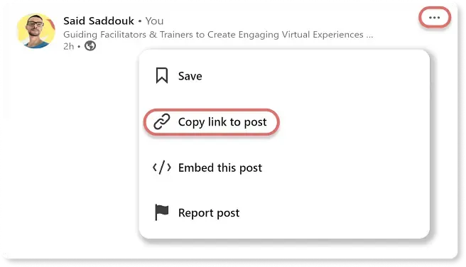 The LinkedIn three-dot post menu with Copy link to post highlighted