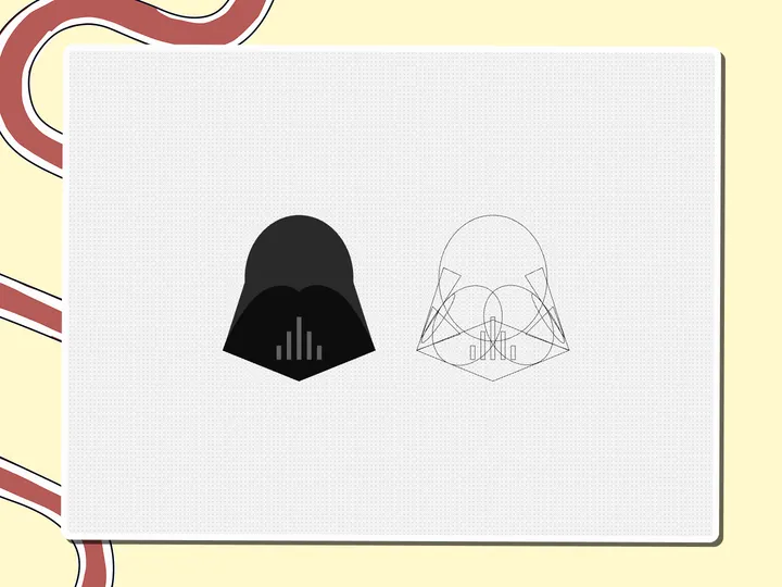 Darth Vader helmet in solid black beside an outline version, a Miro board template by theFacilitainer