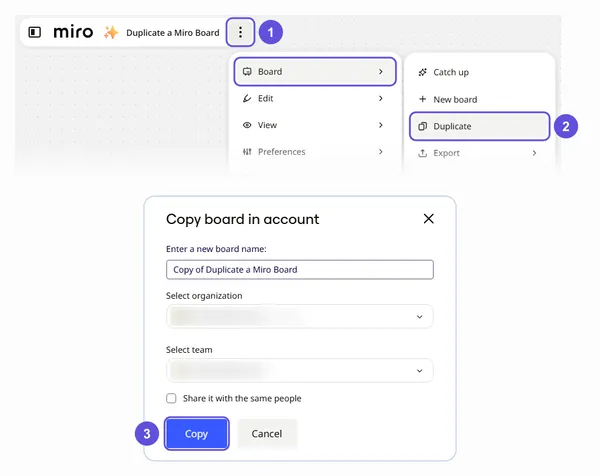 Miro's three-dots menu with Board, then Duplicate, and the Copy board dialog with its Copy button