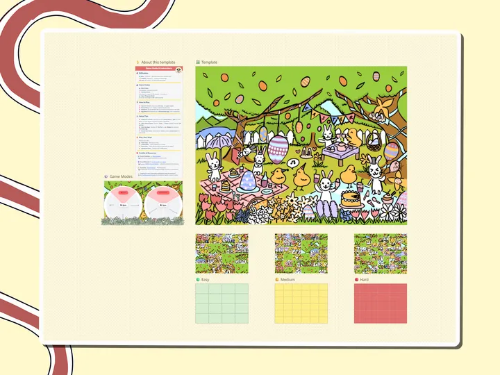 Easter picnic illustration with bunnies and chicks, a puzzle hunt, a Miro board template by theFacilitainer