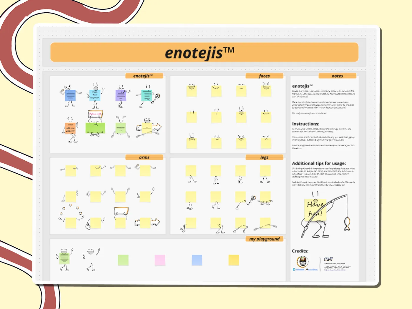 Enotejis sticky note board with faces, arms and legs for building characters, a Miro board template by theFacilitainer