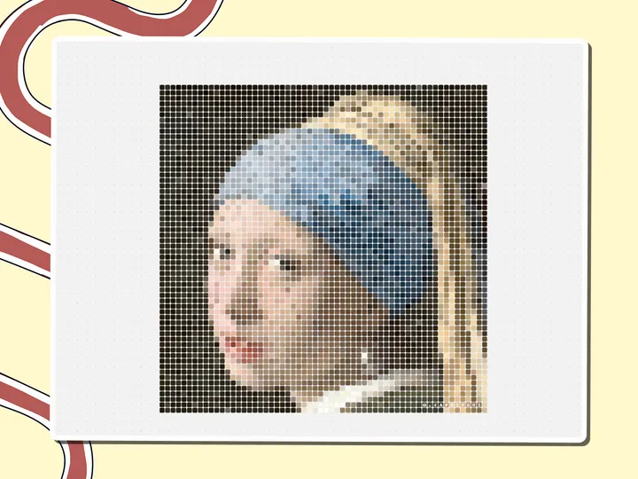 Pixel-art Girl with a Pearl Earring painting made of colored squares, a Miro board template by theFacilitainer
