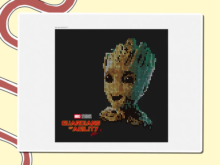 Pixel-art Groot with a Guardians of Agility poster logo, a Miro board template by theFacilitainer