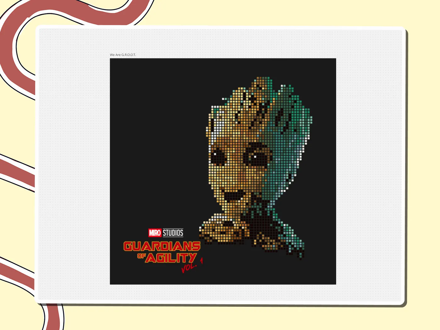 Pixel-art Groot with a Guardians of Agility poster logo, a Miro board template by theFacilitainer
