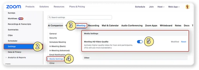 Zoom's web Media Settings panel with the Meeting-HD Video Quality toggle switched on