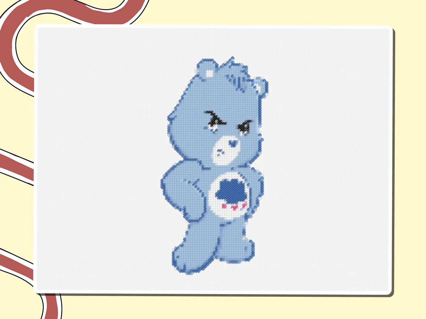 Pixel-art Grumpy Bear of the Care Bears with a scowl, a Miro board template by theFacilitainer