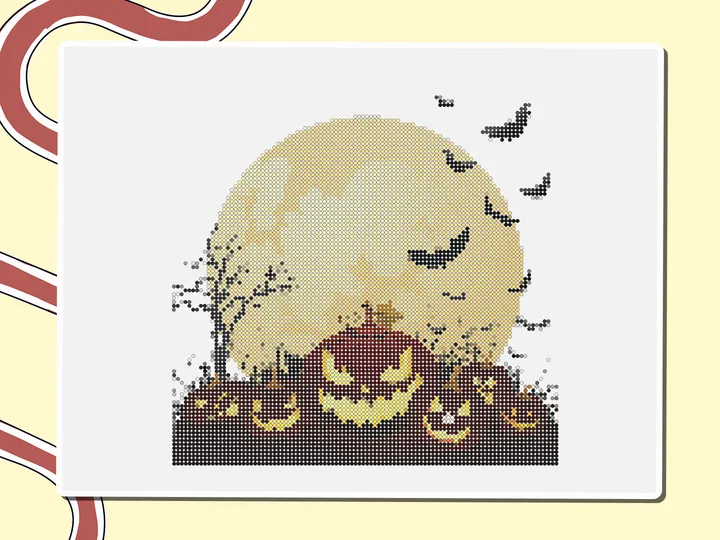 Pixel-art Halloween pumpkins under a full moon, a Miro board template by theFacilitainer