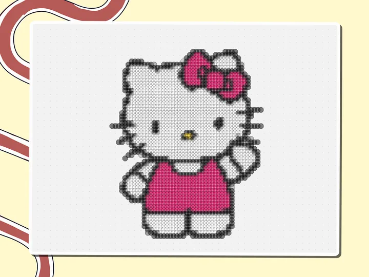 Pixel-art Hello Kitty in a pink dress waving, a Miro board template by theFacilitainer