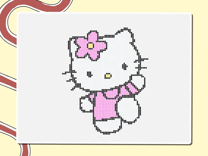 Pixel-art Hello Kitty with a pink bow, a Miro board template by theFacilitainer