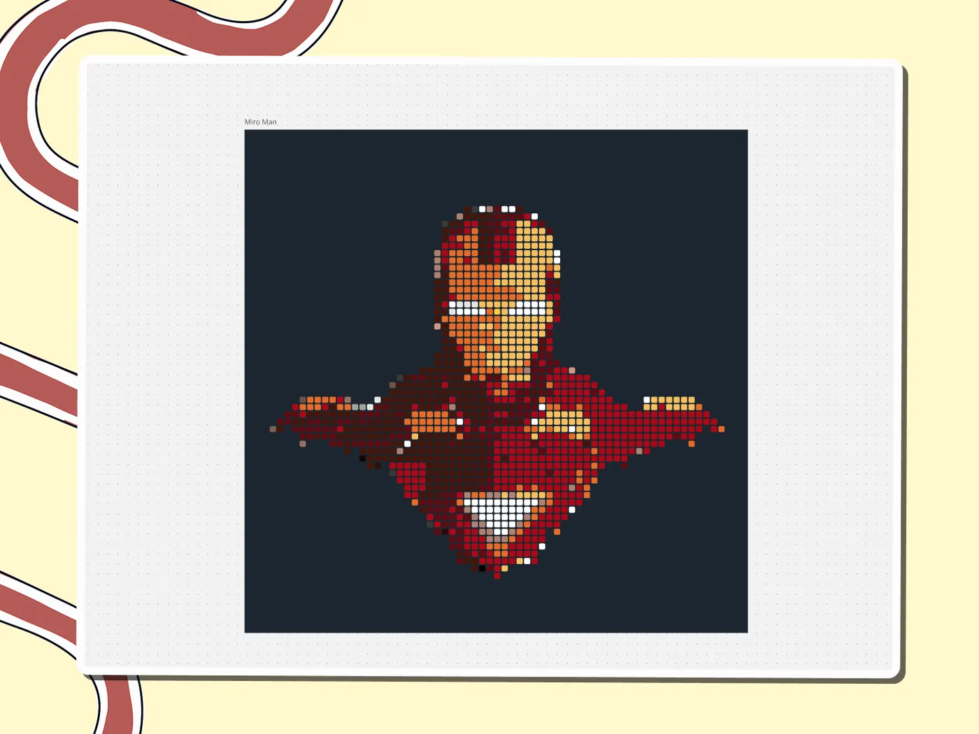 Pixel-art Iron Man bust in red and gold on a dark blue background, a Miro board template by theFacilitainer