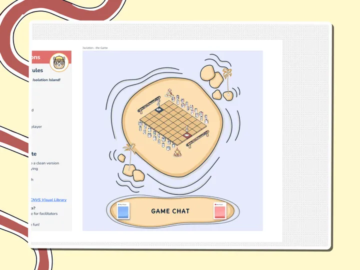 Isolation Island board game with rules and an isometric island board, a Miro board template by theFacilitainer