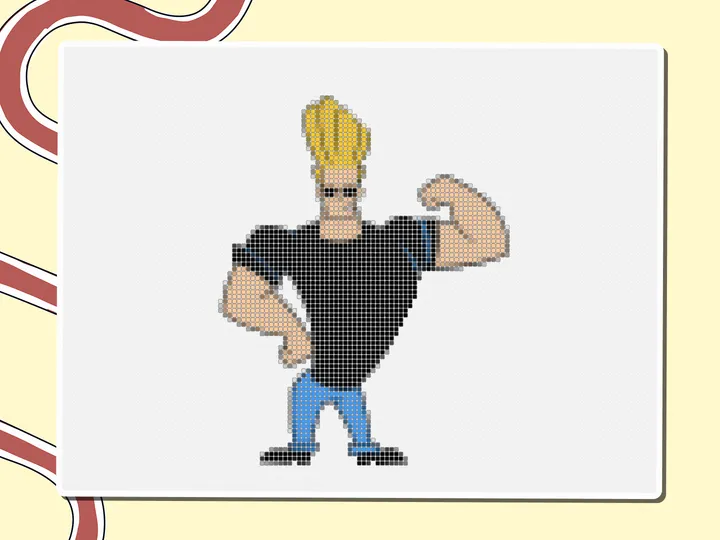 Pixel-art Johnny Bravo flexing his arms, a Miro board template by theFacilitainer