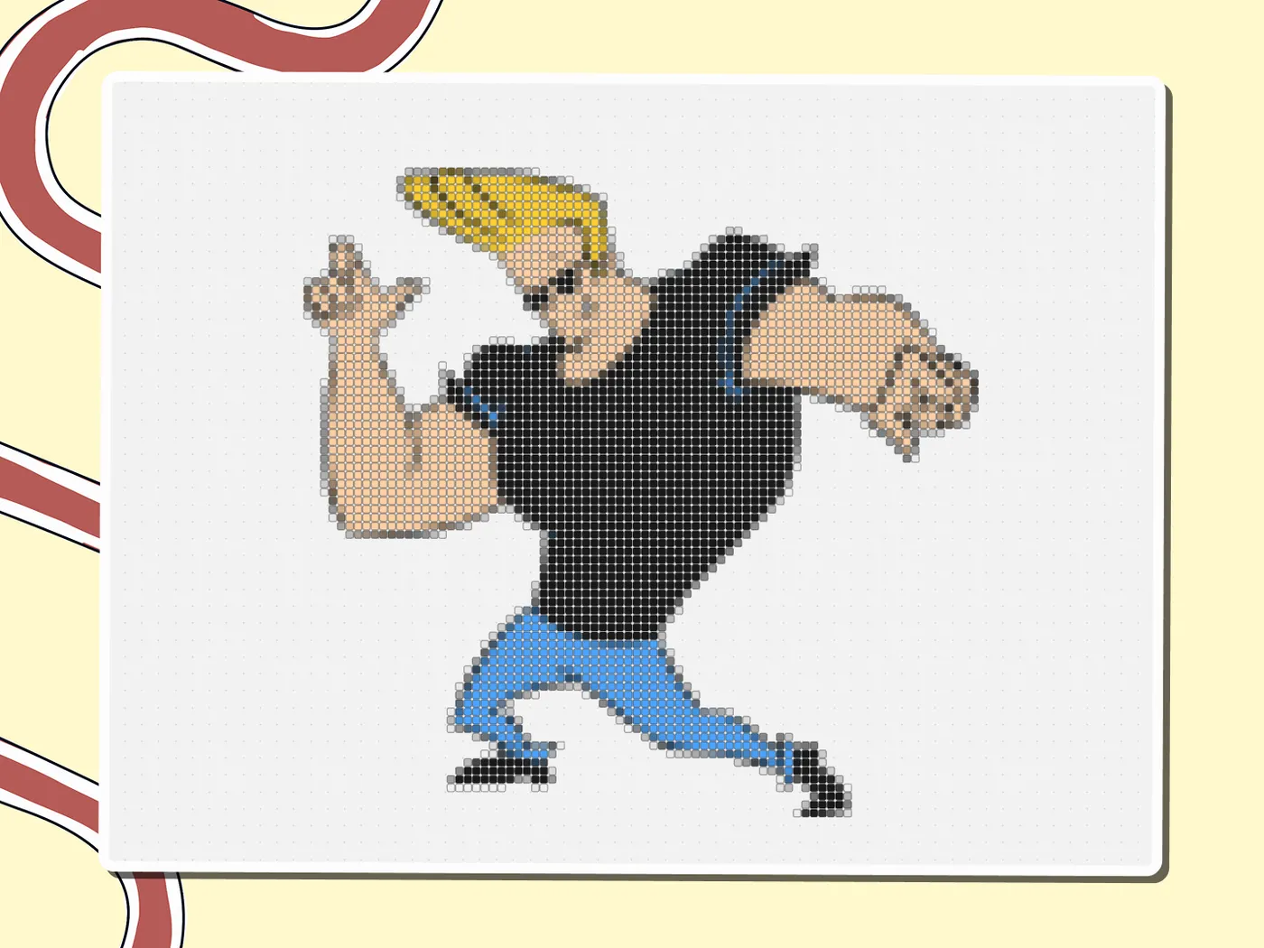 Pixel-art Johnny Bravo striking a dance pose, a Miro board template by theFacilitainer