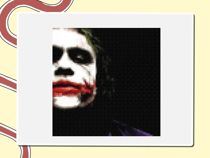Pixel-art Joker face with white paint and red smile on a black background, a Miro board template by theFacilitainer