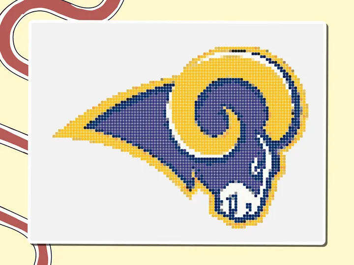 Pixel-art LA Rams ram head logo in gold, navy and purple, a Miro board template by theFacilitainer