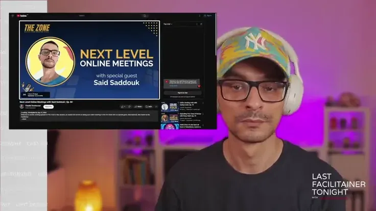 A produced session scene assembling itself: animated title panel, a picture-in-picture browser window, and a lower-third name card over the live camera view.