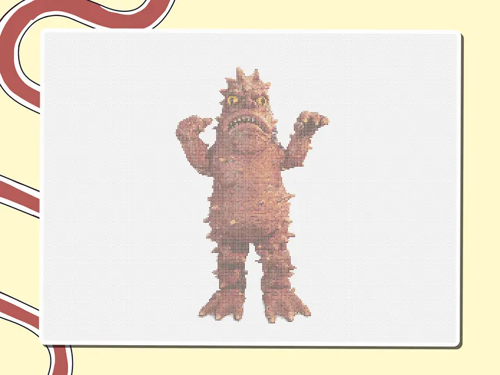 Pixel-art rust-brown Miro Monster with spikes and yellow eyes, a Miro board template by theFacilitainer