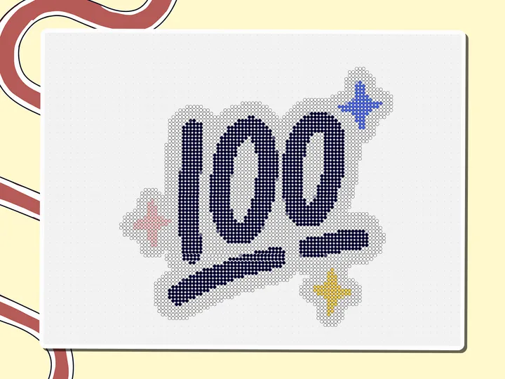 Pixel-art 100 emoji sticker with colored sparkles, a Miro board template by theFacilitainer