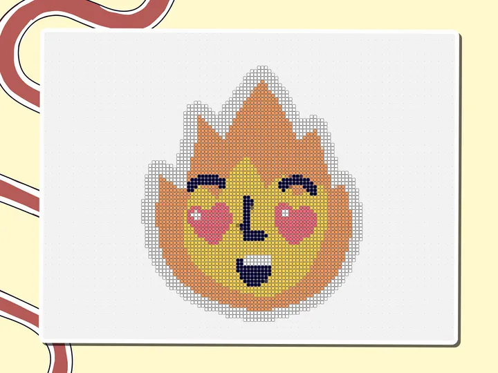 Pixel-art flame sticker with a smiling face and heart eyes, a Miro board template by theFacilitainer