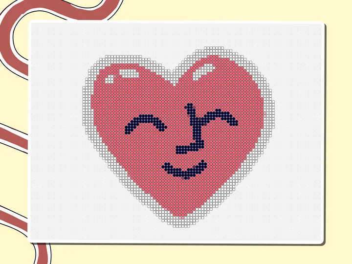 Pixel-art smiling red heart sticker, a Miro board template by theFacilitainer