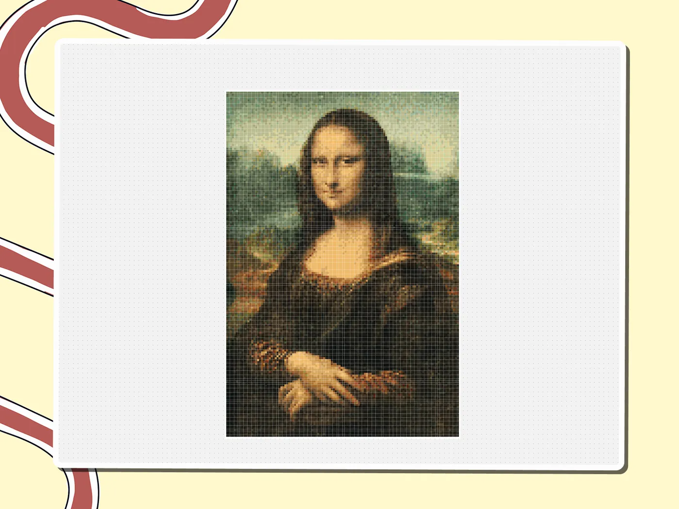 Detailed pixel-art Mona Lisa portrait made of tiny squares, a Miro board template by theFacilitainer