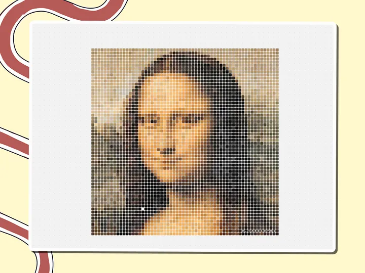 Pixel-art Mona Lisa painting made of colored squares, a Miro board template by theFacilitainer