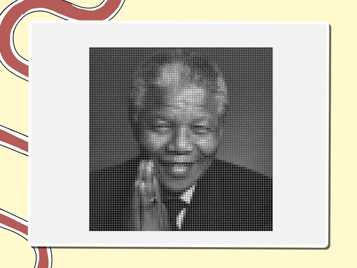Black and white pixel portrait of Nelson Mandela smiling, a Miro board template by theFacilitainer