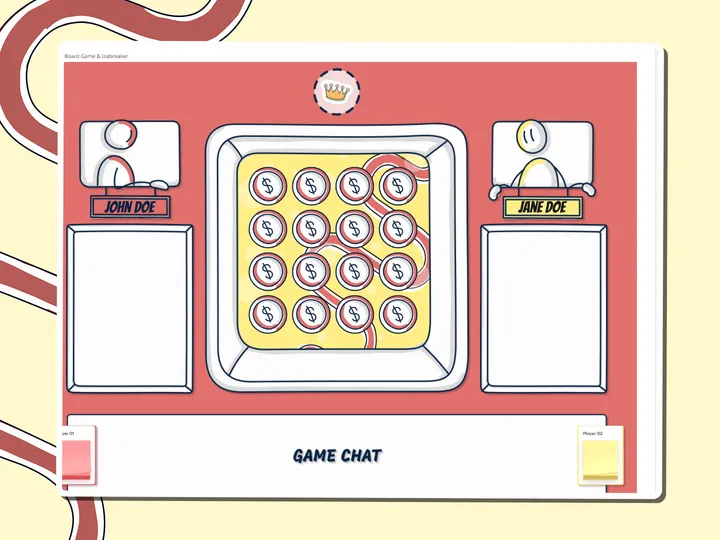 Nim coin game board with two players and a game chat, a Miro board template by theFacilitainer