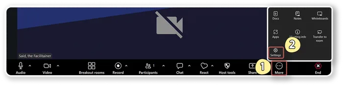 Zoom's in-meeting toolbar, More menu open, Settings highlighted