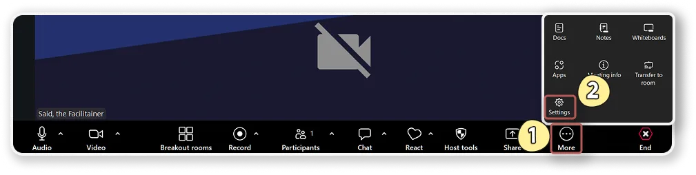 Zoom's in-meeting toolbar, More menu open, Settings highlighted