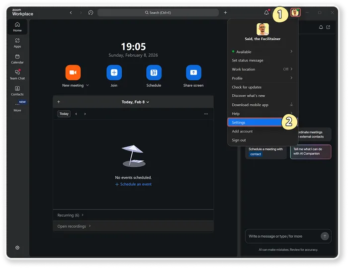 Zoom's profile menu with Settings highlighted