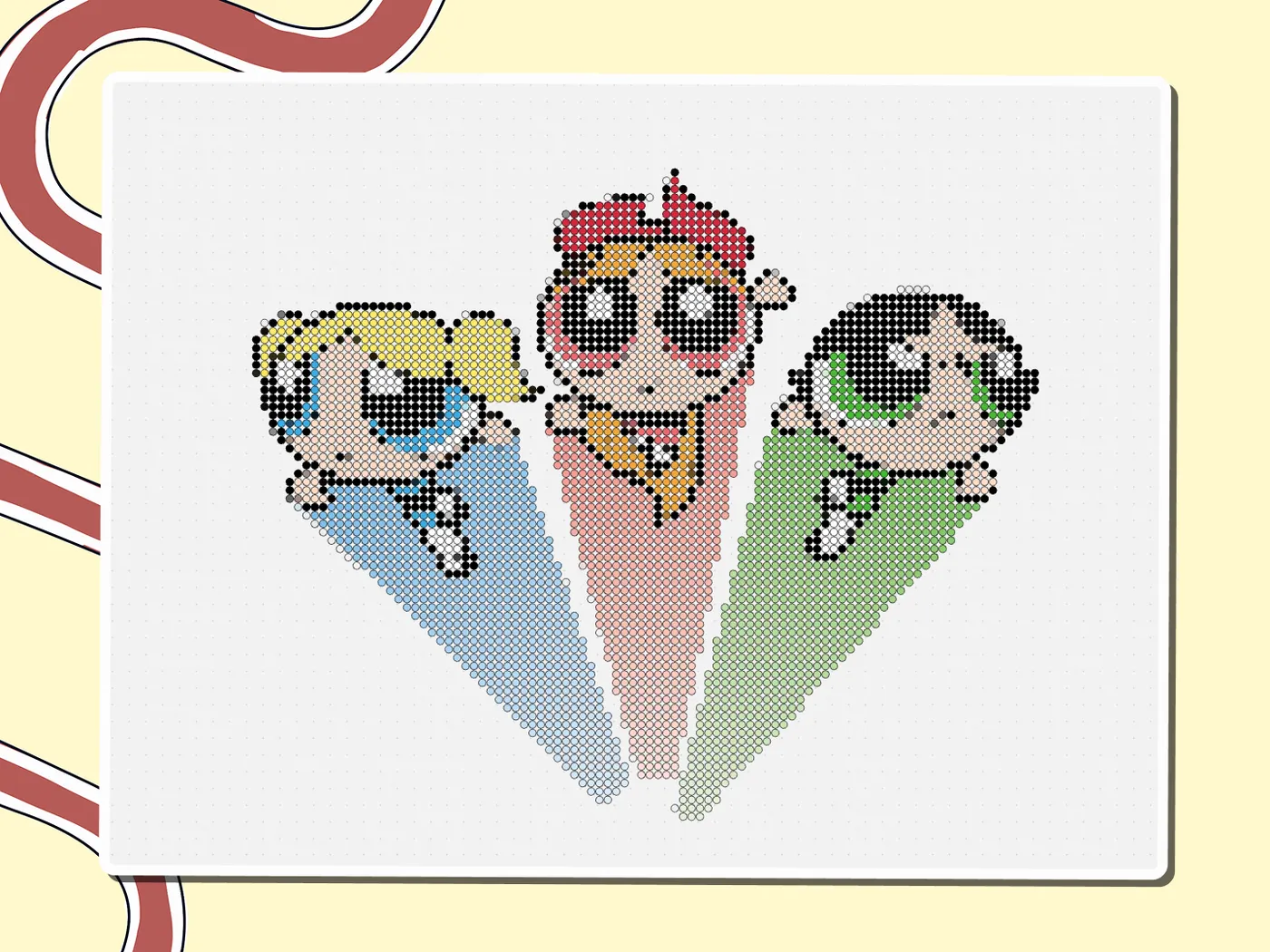 Pixel-art Blossom, Bubbles and Buttercup of The Powerpuff Girls, a Miro board template by theFacilitainer
