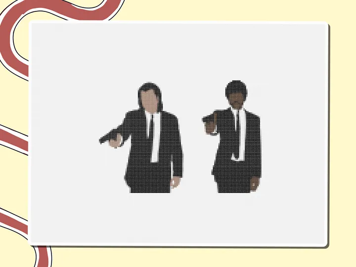 Pixel-art Pulp Fiction two suited men scene, a Miro board template by theFacilitainer
