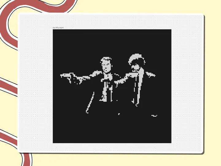 Pixel-art Pulp Fiction two figures pointing, a Miro board template by theFacilitainer