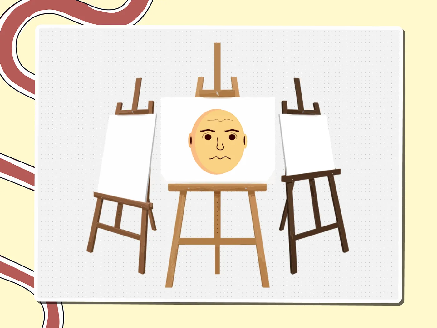 Cartoon face on an easel among four canvases, a Miro board template by theFacilitainer
