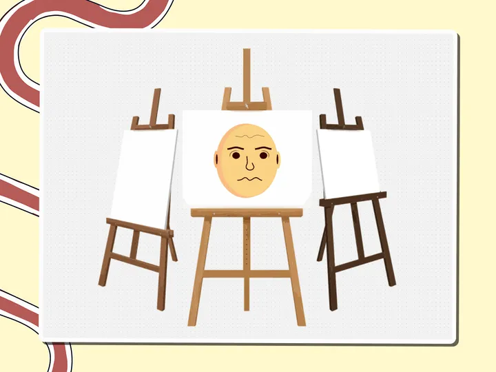Cartoon face on an easel among four canvases, a Miro board template by theFacilitainer