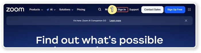 Zoom's website with Sign In highlighted