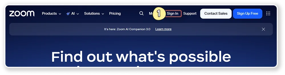 Zoom's website with Sign In highlighted
