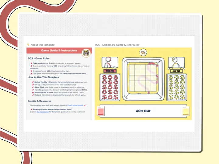 SOS mini board game with a grid, a crown and a Game Guide, a Miro board template by theFacilitainer