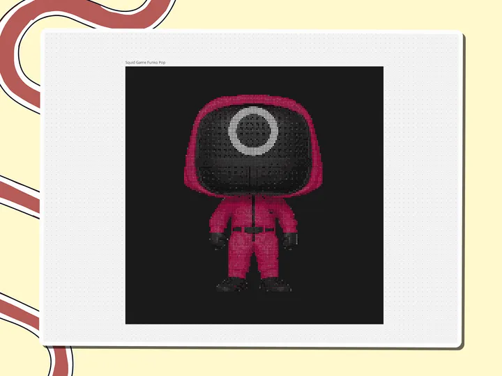 Pixel-art Squid Game guard Funko Pop in a pink suit, a Miro board template by theFacilitainer