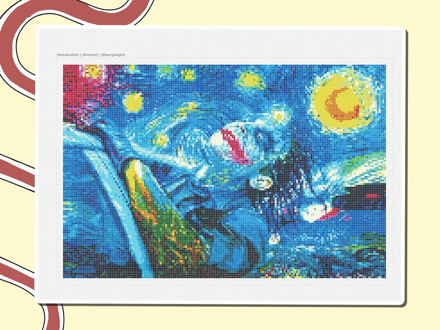 Pixel-art Starry Night remix with the Joker's white-and-red face and a dark figure in the swirling sky, a Miro board template by theFacilitainer